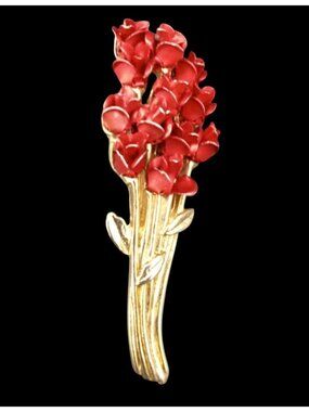 Red Rose Bouquet Brooch Pin DM 97 Gold Tone Floral Vintage Jewelry 2 Inch